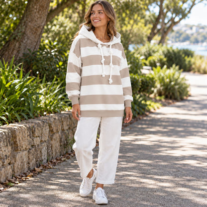 Elise Beige striped hoodie three quarter view with full hem visible on an Australian park path. — view 6