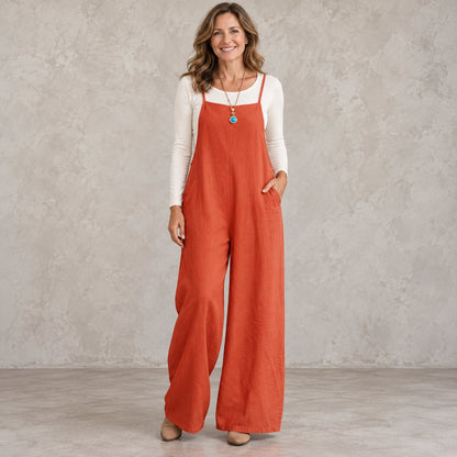 jumpsuit — Full front view; Orange red; complete product worn by a happy adult model — view 10