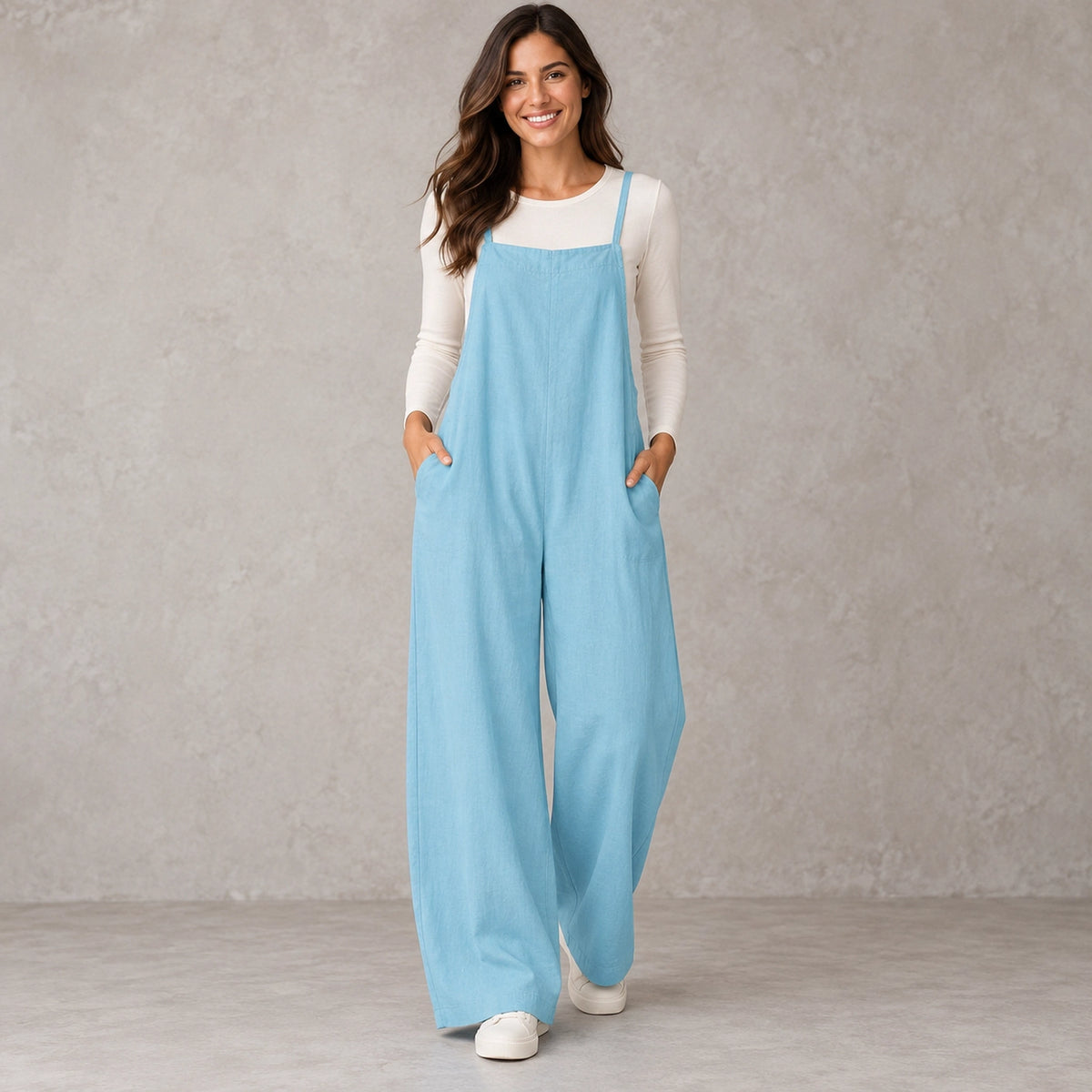 jumpsuit — Full front view; Light Blue; complete product worn by a happy adult model — view 11