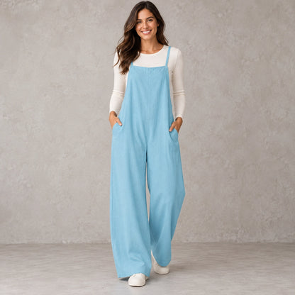 jumpsuit — Full front view; Light Blue; complete product worn by a happy adult model — view 11