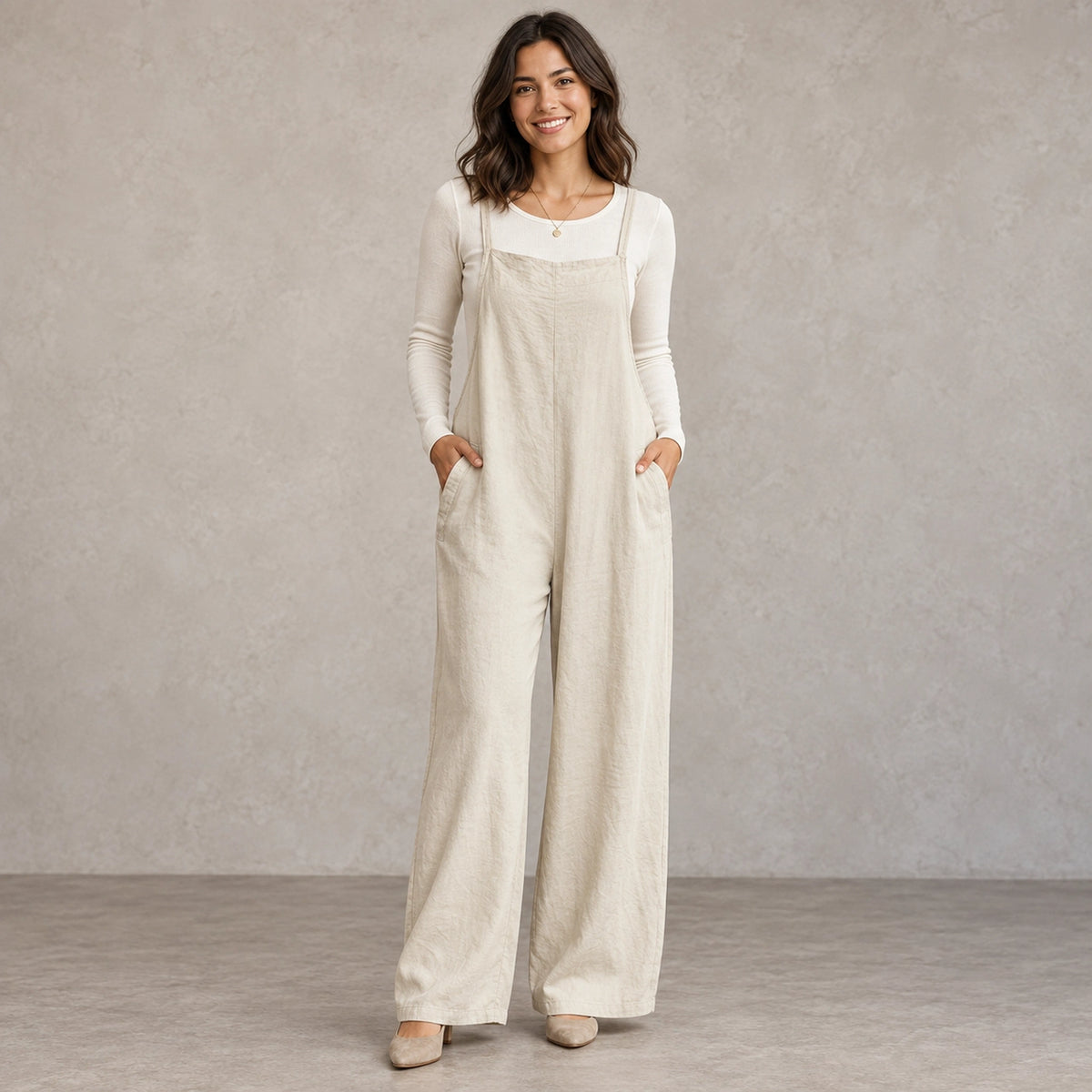 jumpsuit — Full front view; Cream; complete product worn by a happy adult model — view 13