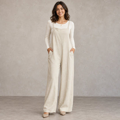 jumpsuit — Full front view; Cream; complete product worn by a happy adult model — view 13