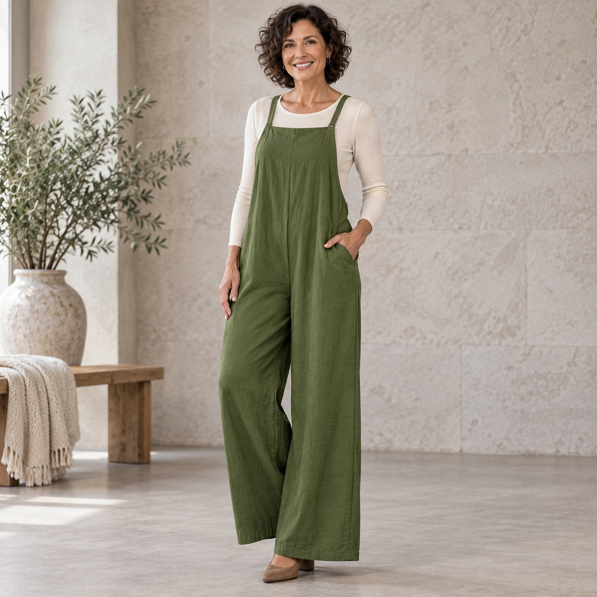 jumpsuit — Usa and Canada October–December three quarter view; Army Green; complete product worn by a happy adult — view 14