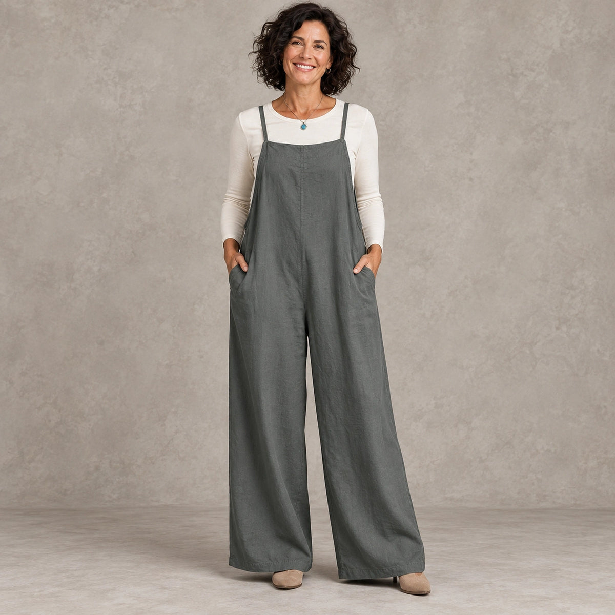 jumpsuit — Full front view; Charcoal; complete product worn by a happy adult model — view 2