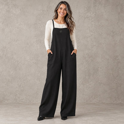 jumpsuit — Full front view; Black; complete product worn by a happy adult model — view 3