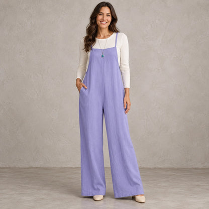 jumpsuit — Full front view; Lavender; complete product worn by a happy adult model — view 5