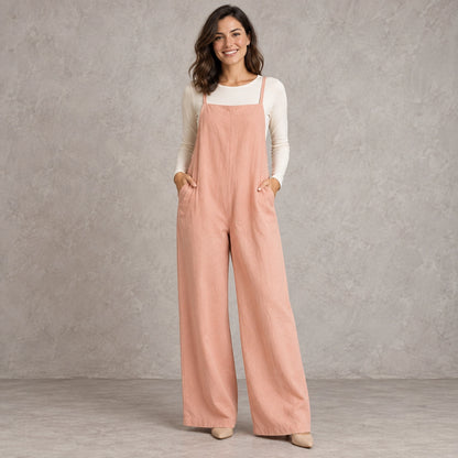 jumpsuit — Full front view; Peach Pink; complete product worn by a happy adult model — view 7