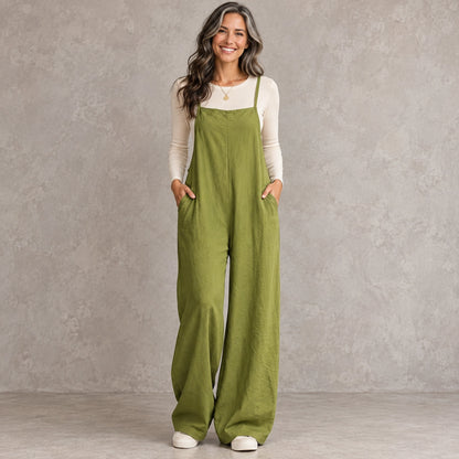 jumpsuit — Full front view; Olive Green; complete product worn by a happy adult model — view 9