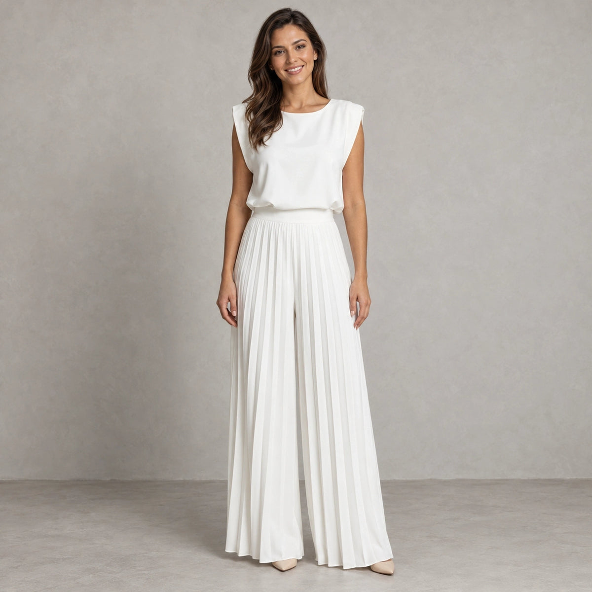 jumpsuit — Full front view; White; complete product worn by a happy adult model — view 2