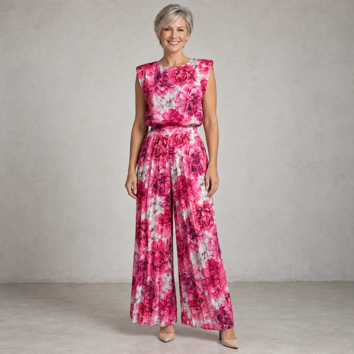 jumpsuit — Full front view; Pink Floral; complete product worn by a happy adult model — view 3