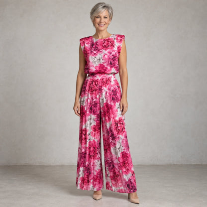 jumpsuit — Full front view; Pink Floral; complete product worn by a happy adult model — view 3