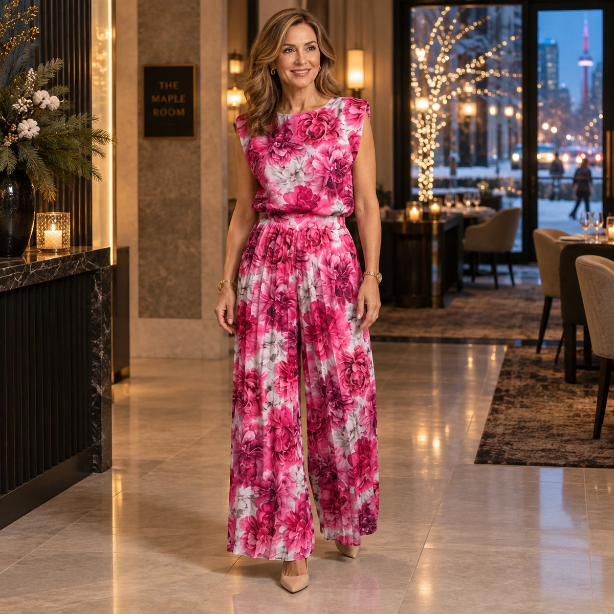 jumpsuit — Usa and Canada October–December 2; Pink Floral; complete product worn by a happy adult model — view 7