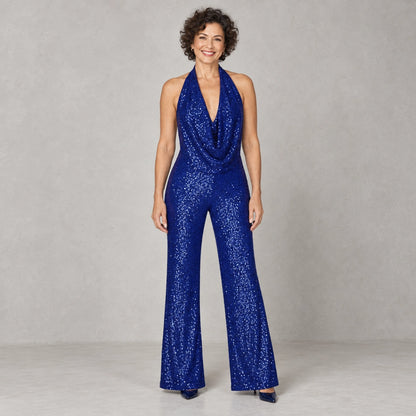 jumpsuit — Full front view; Royal Blue; complete product worn by a happy adult model — view 5