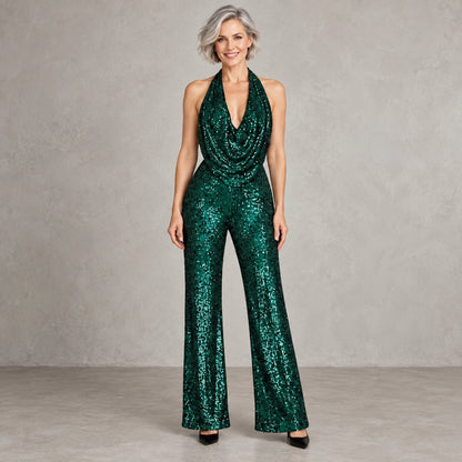 jumpsuit — Full front view; Emerald Green; complete product worn by a happy adult model — view 9