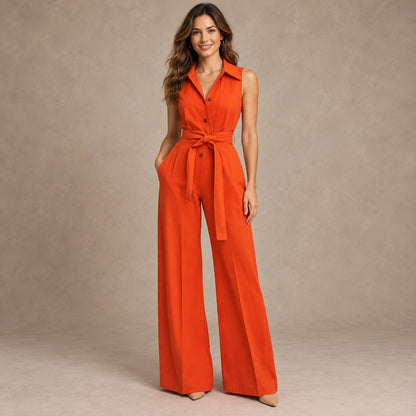 jumpsuit — Image; full front view; Orange; complete product worn by a happy adult model