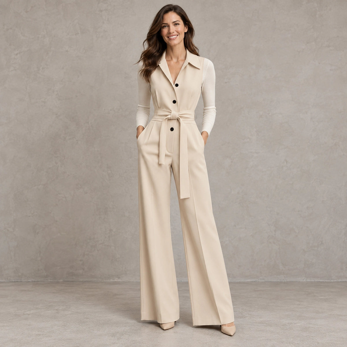 Harper Belted Wide Leg Jumpsuit Beige front — view 2