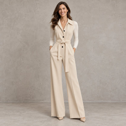 Harper Belted Wide Leg Jumpsuit Beige front — view 2