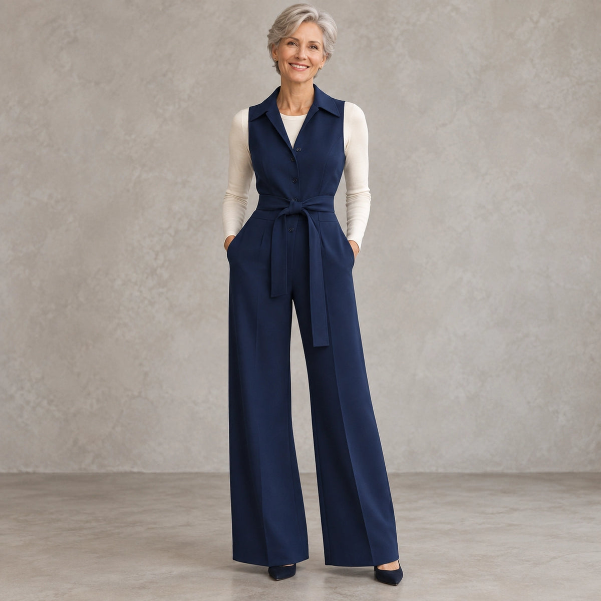 jumpsuit — Full front view; Navy Blue; complete product worn by a happy adult model — view 3