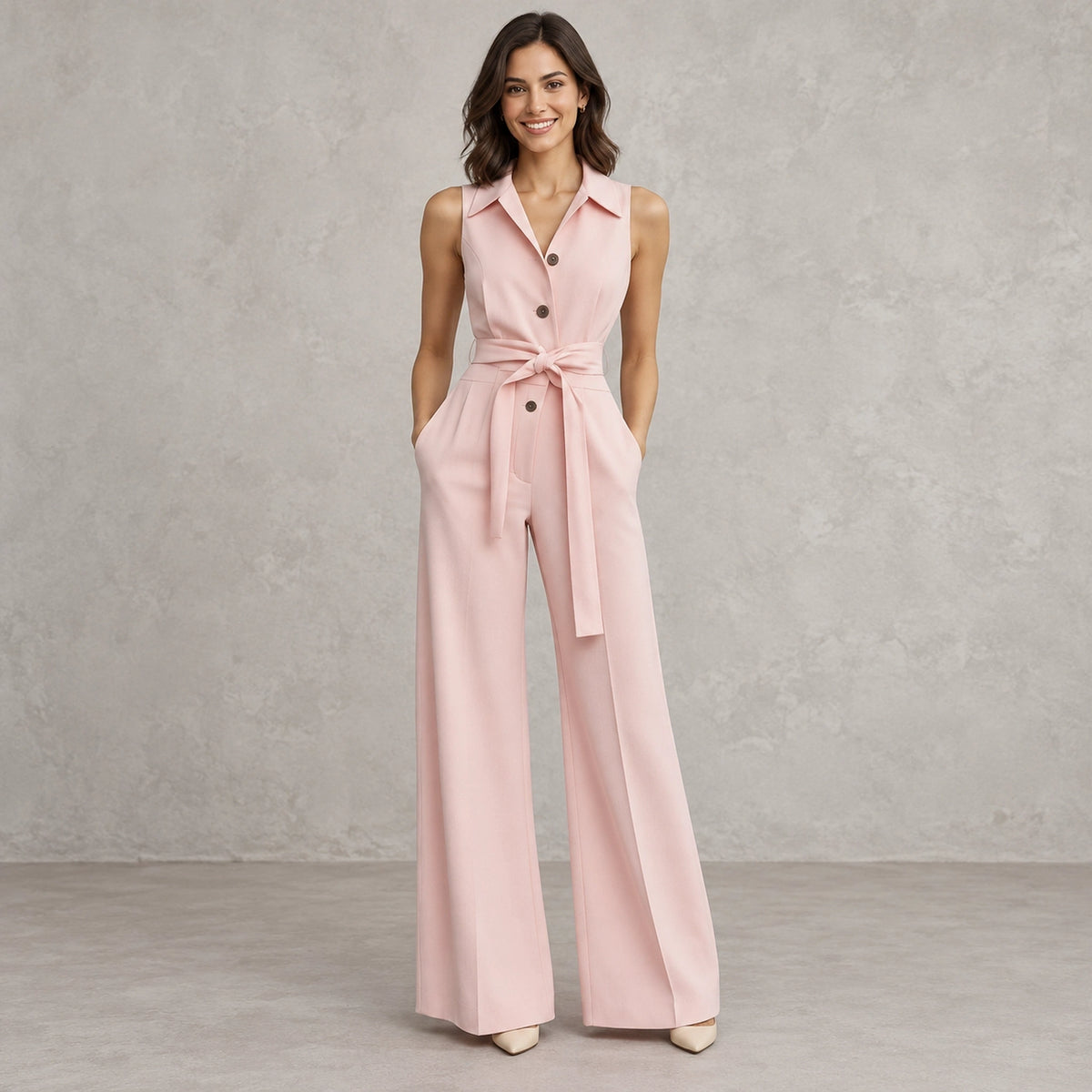 jumpsuit — Full front view; Pink; complete product worn by a happy adult model — view 4