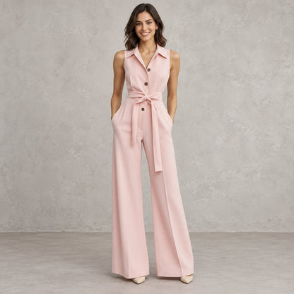jumpsuit — Full front view; Pink; complete product worn by a happy adult model — view 4