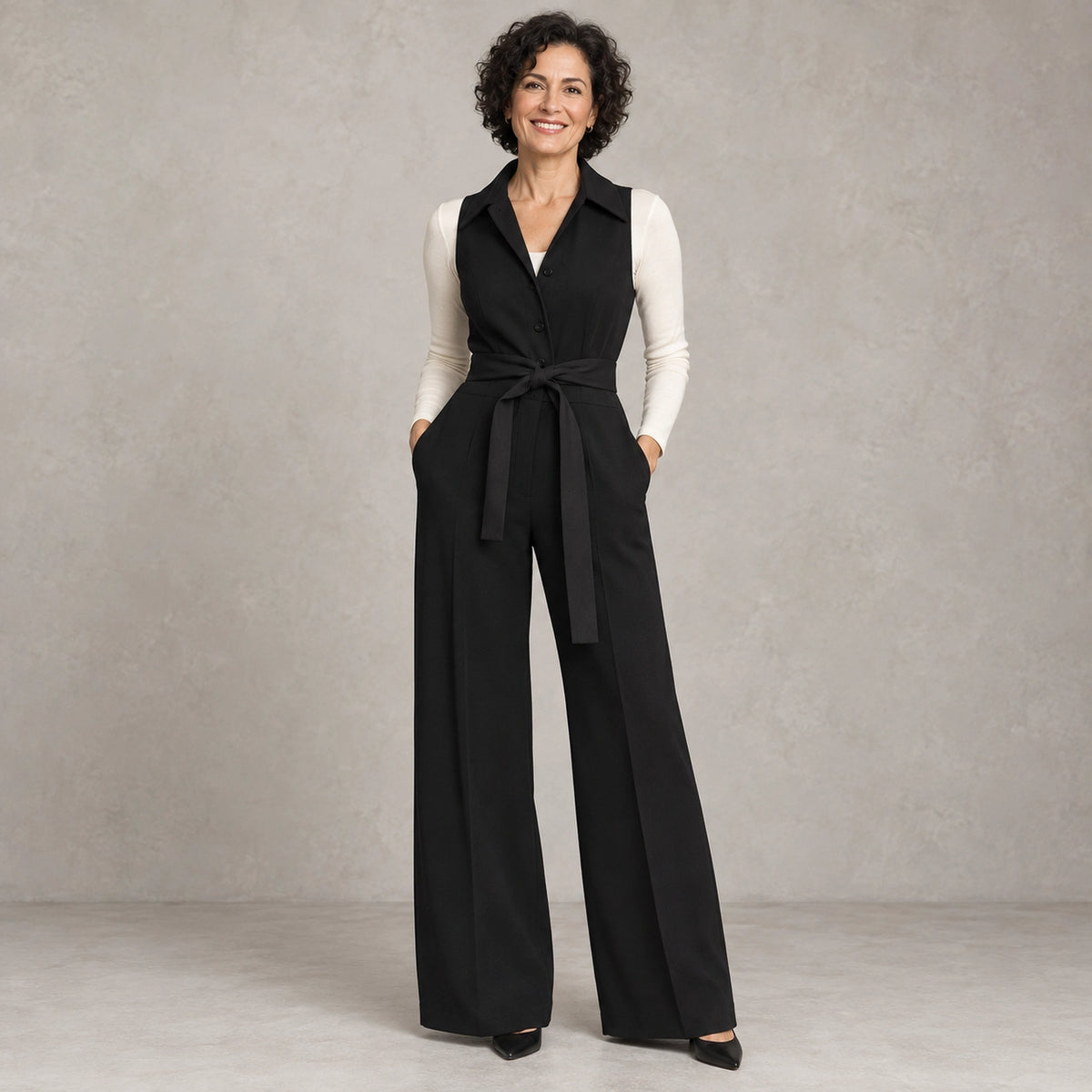 jumpsuit — Full front view; Black; complete product worn by a happy adult model — view 5