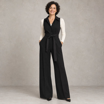 jumpsuit — Full front view; Black; complete product worn by a happy adult model — view 5