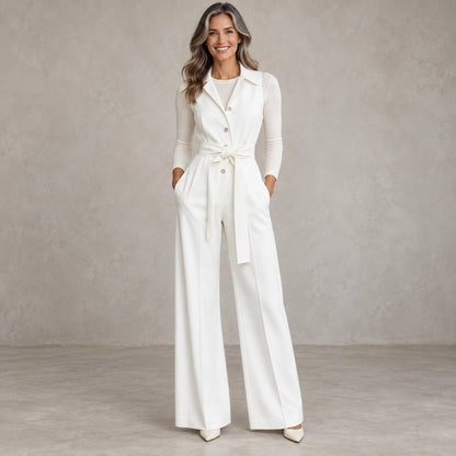 jumpsuit — Full front view; White; complete product worn by a happy adult model — view 6