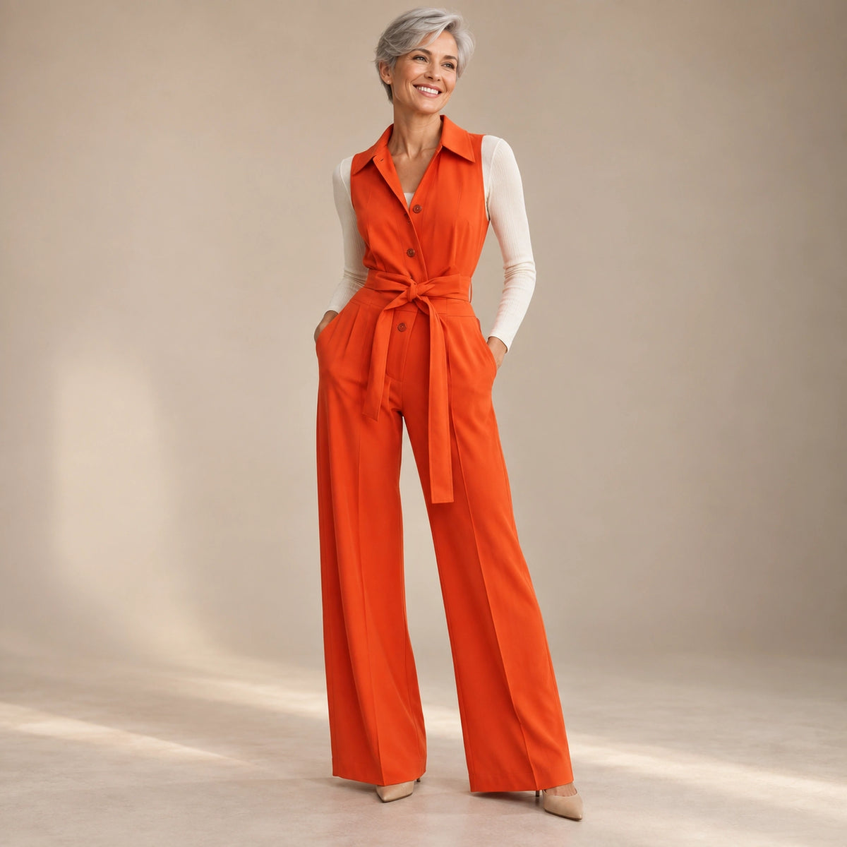 jumpsuit — Usa and Canada October–December alternate angle; Orange; complete product worn by a happy adult model — view 9