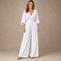jumpsuit — Image; full front view; White; complete product worn by a happy adult model
