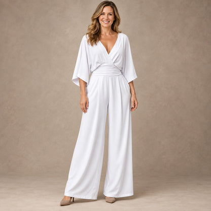 jumpsuit — Image; full front view; White; complete product worn by a happy adult model
