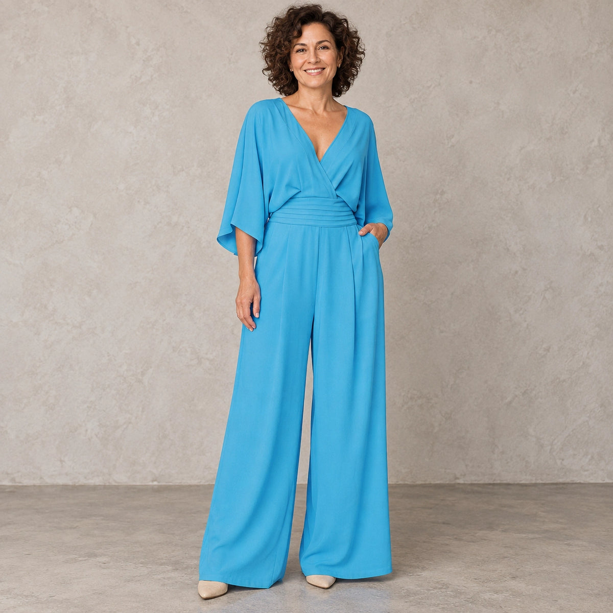 jumpsuit — Full front view; Blue; complete product worn by a happy adult model — view 2