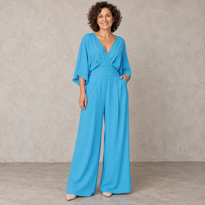 jumpsuit — Full front view; Blue; complete product worn by a happy adult model — view 2