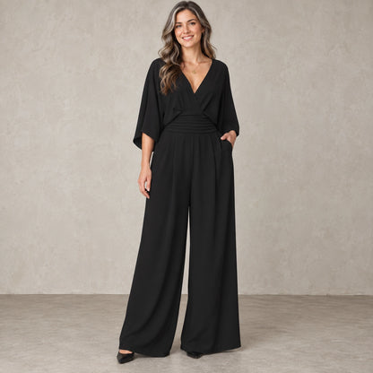 jumpsuit — Full front view; Black; complete product worn by a happy adult model — view 3