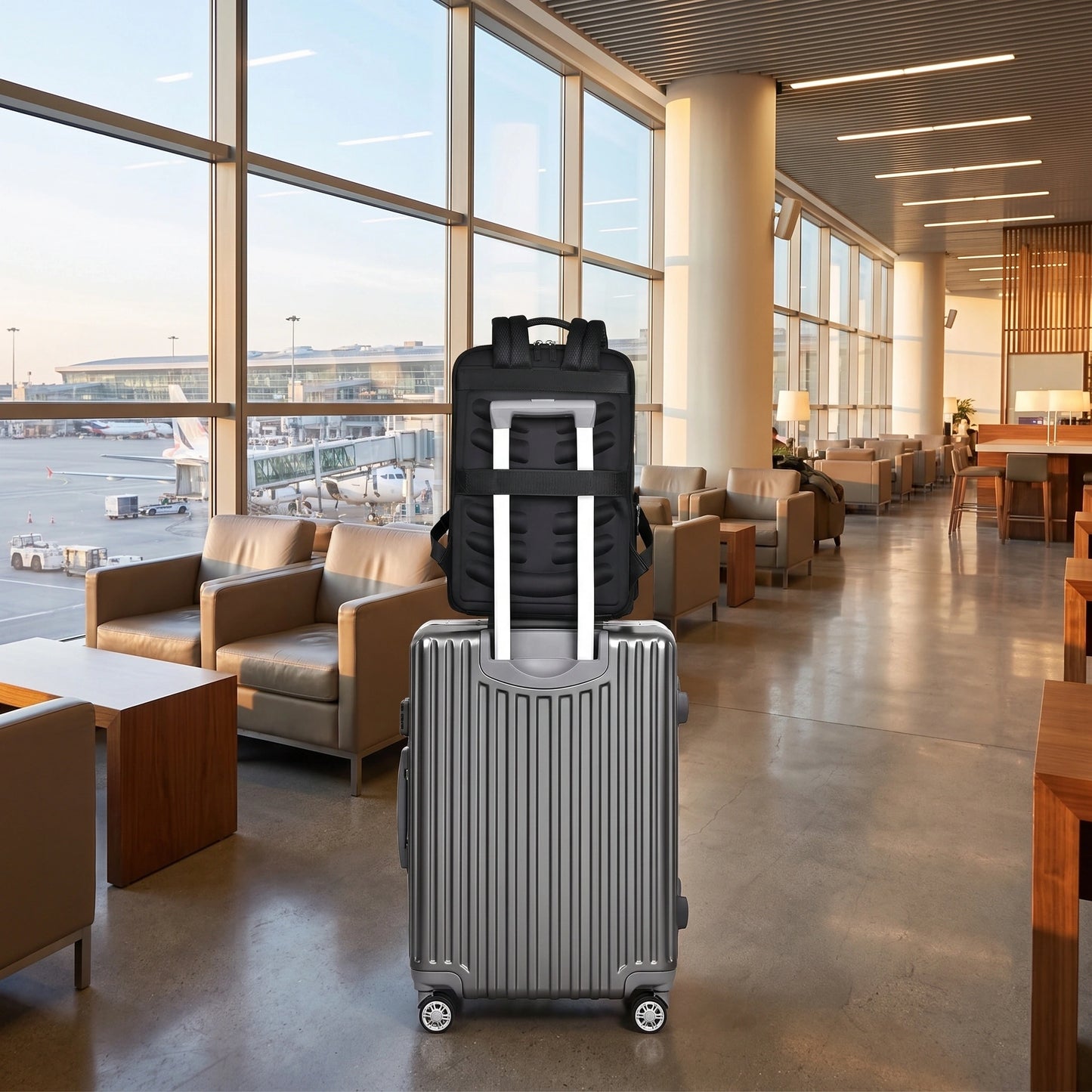 A model showcases durable laptop backpack in sleek black Pu leather, paired with smart casual outfit against minimalist