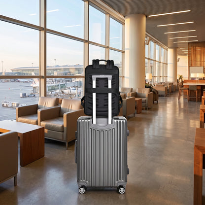 A model showcases durable laptop backpack in sleek black Pu leather, paired with smart casual outfit against minimalist