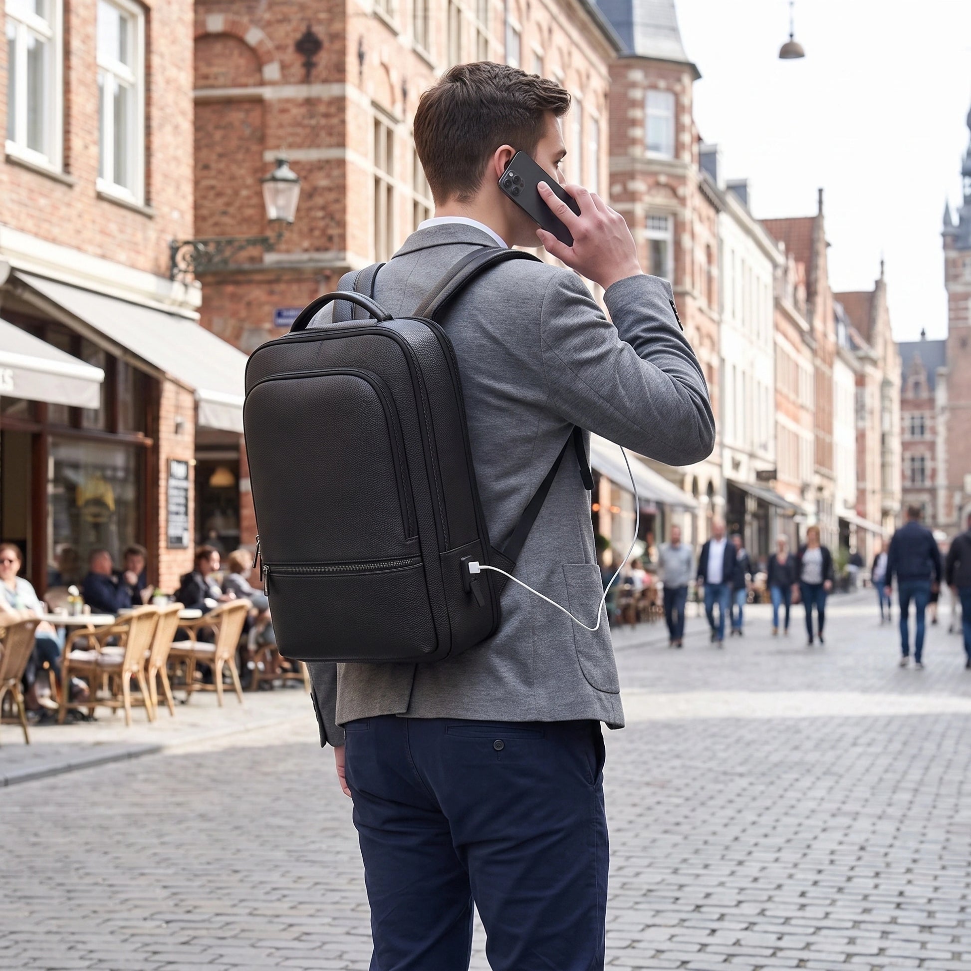 The back view of durable laptop backpack highlights its sleek Pu leather construction, adjustable straps, and — view 2