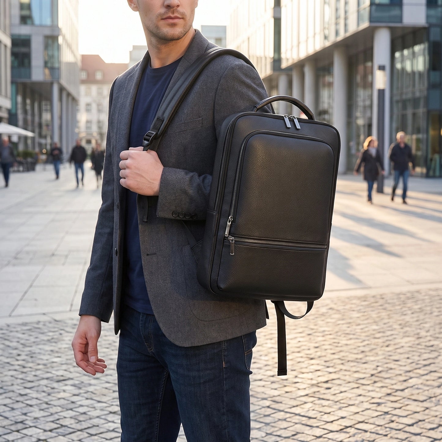 Close up view of the durable laptop backpack showing its high quality Pu leather fabric and precise stitching — view 3