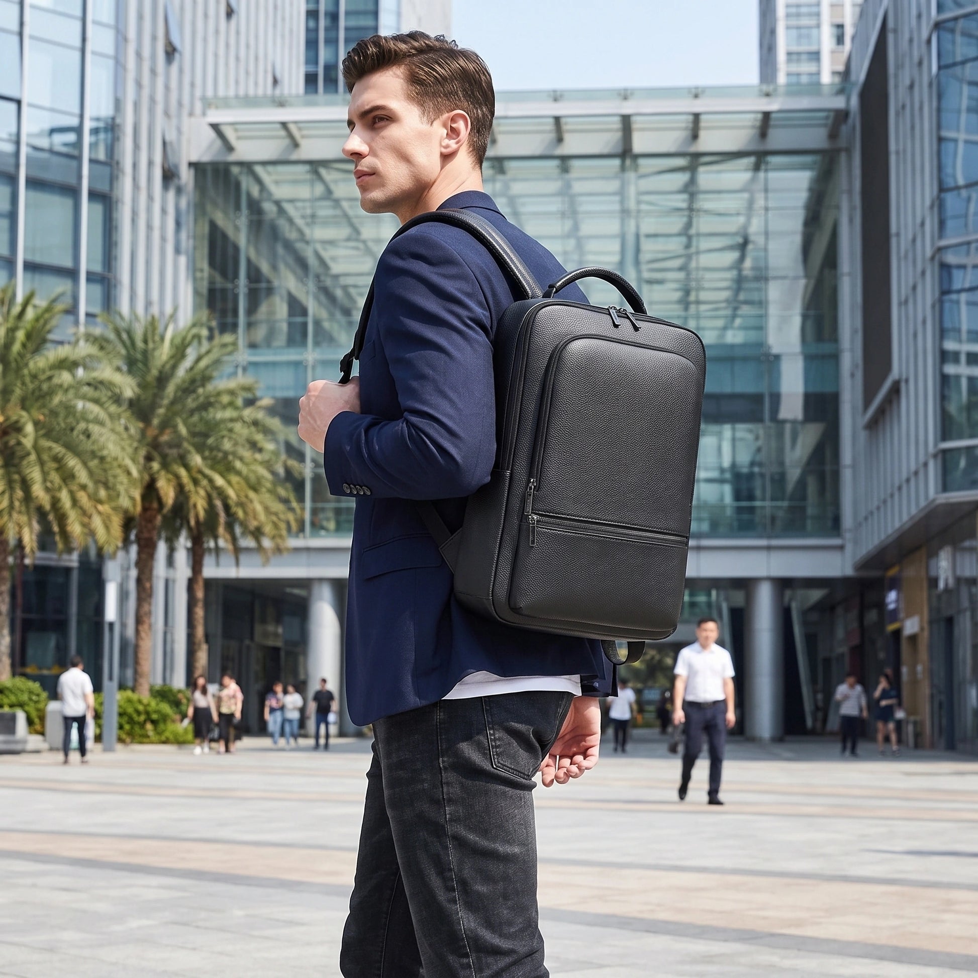 Close up view of the durable Pu leather fabric and precise stitching details men's executive laptop backpack — view 4