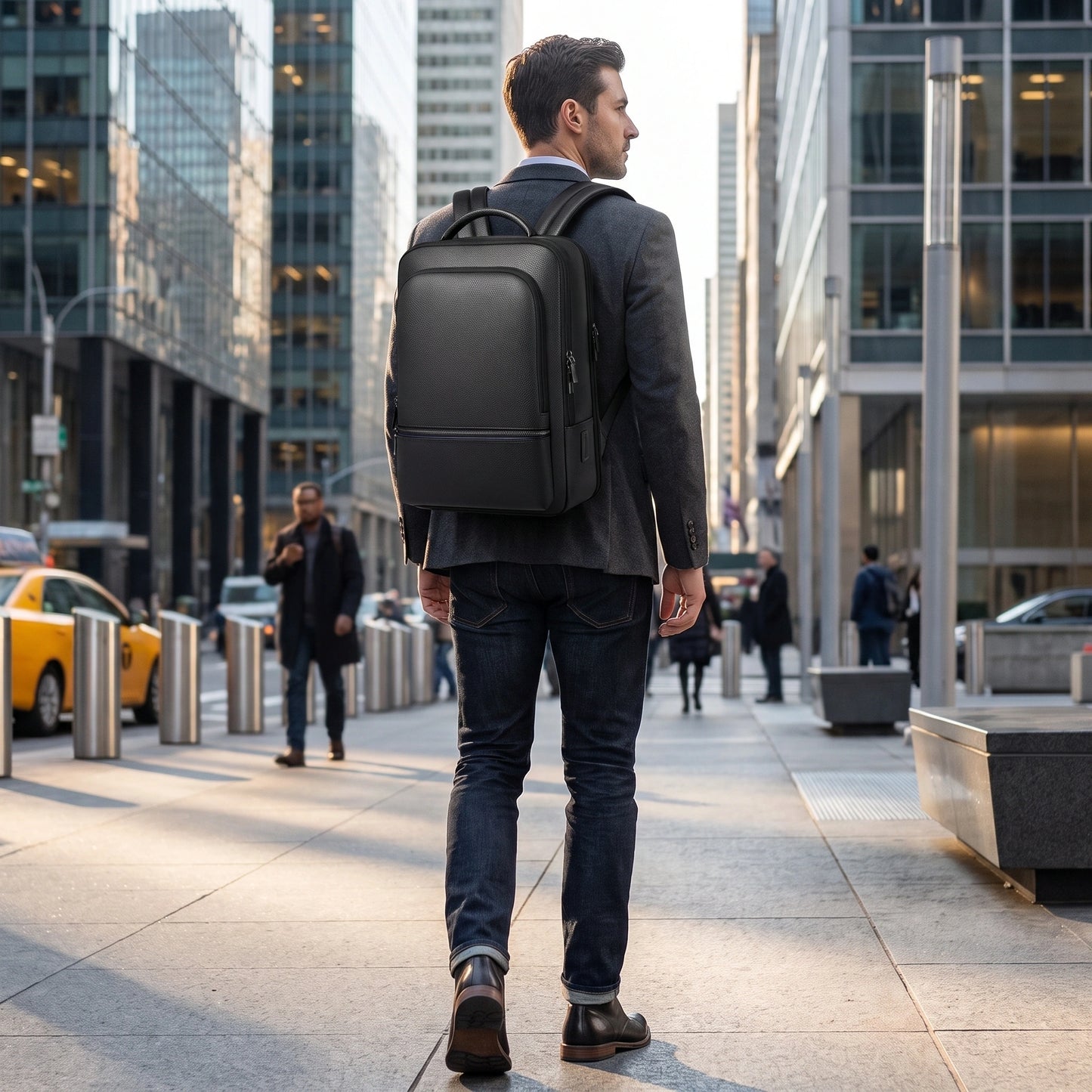 Close up view showing the premium Pu leather texture and meticulous stitching details of durable laptop backpack — view 5