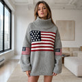 Female model wearing women's gray oversized flag knit letterman sweater, complete front view