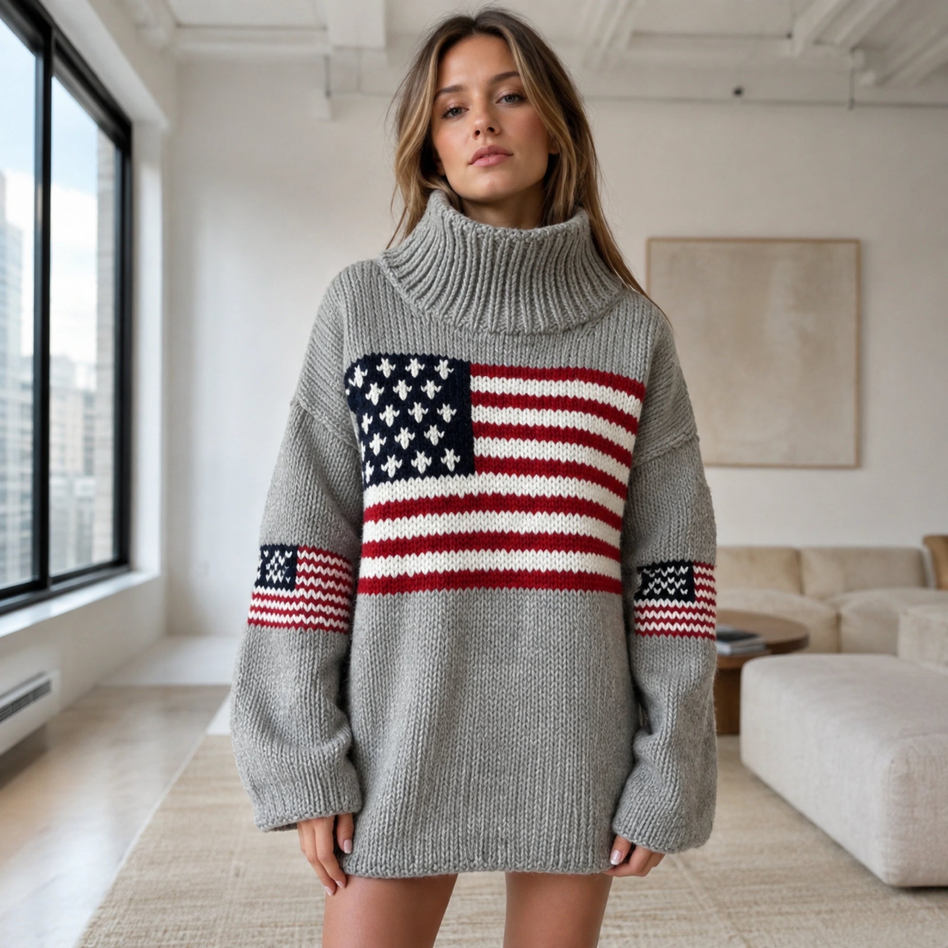 Female model wearing women's gray oversized flag knit letterman sweater, complete front view