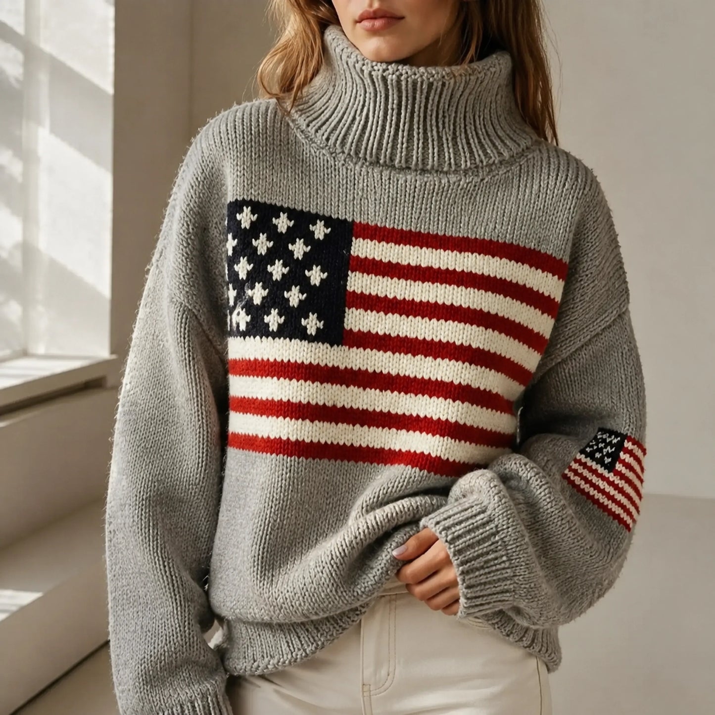 Female model wearing gray oversized flag knit letterman sweater, close up collar and detail — view 4