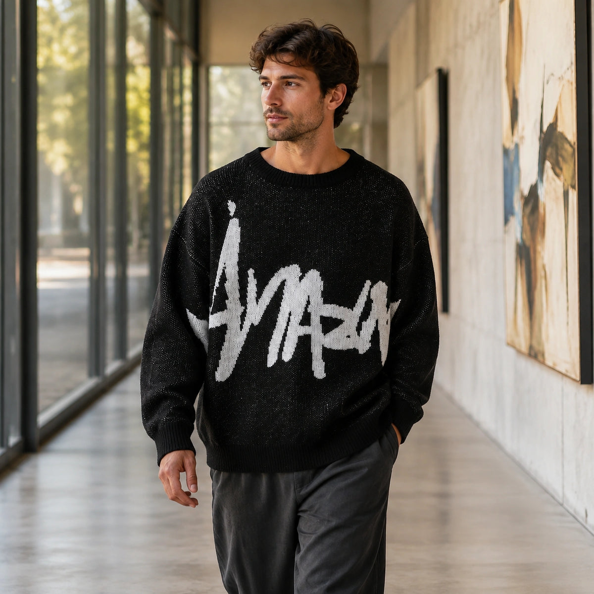Man wearing black graffiti jacquard letterman sweater, complete front view — view 4