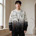 Male model wearing Daniel black gradient graphic letterman sweater, complete front view