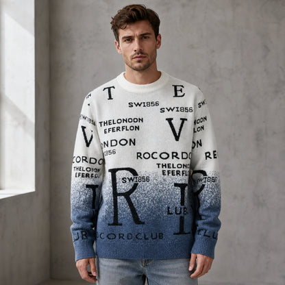 Male model wearing Daniel blue gradient graphic letterman sweater, complete front view — view 2