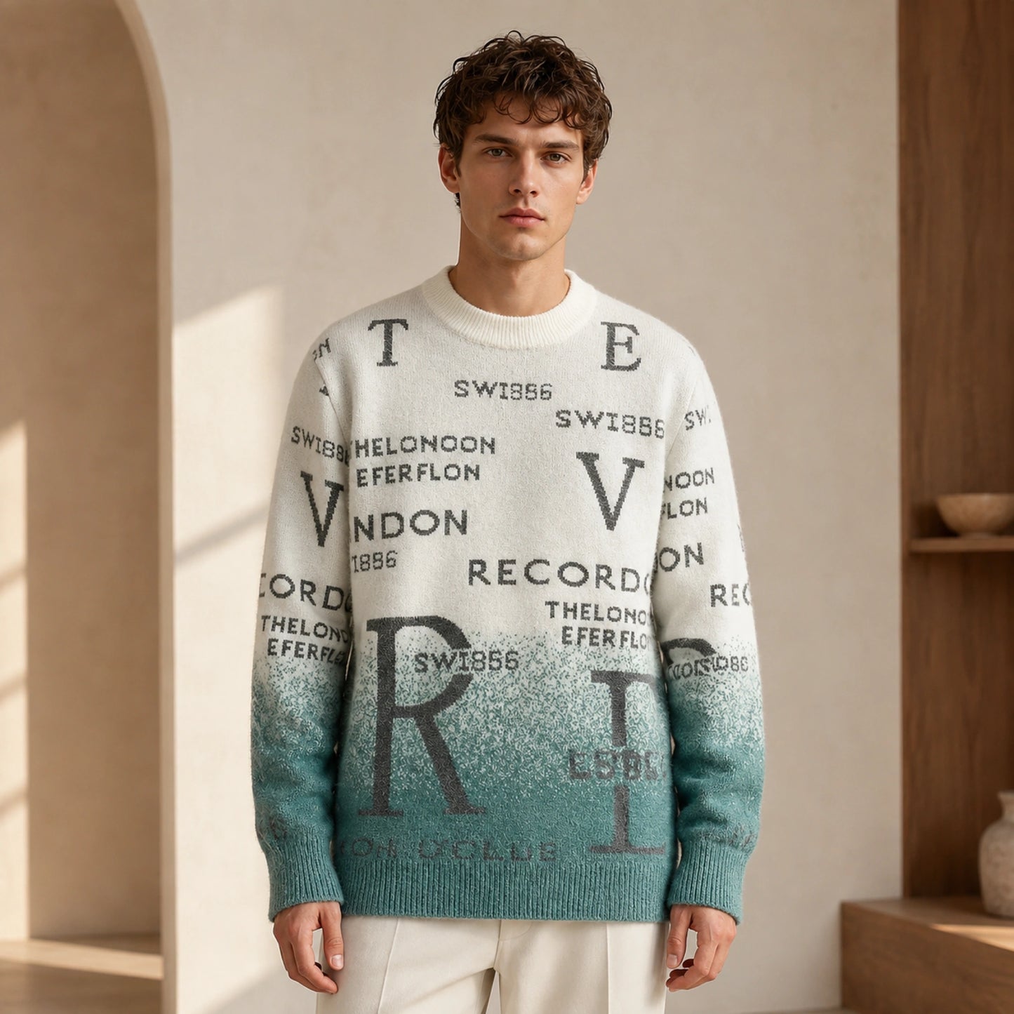 Male model wearing Daniel green gradient graphic letterman sweater, complete front view — view 3