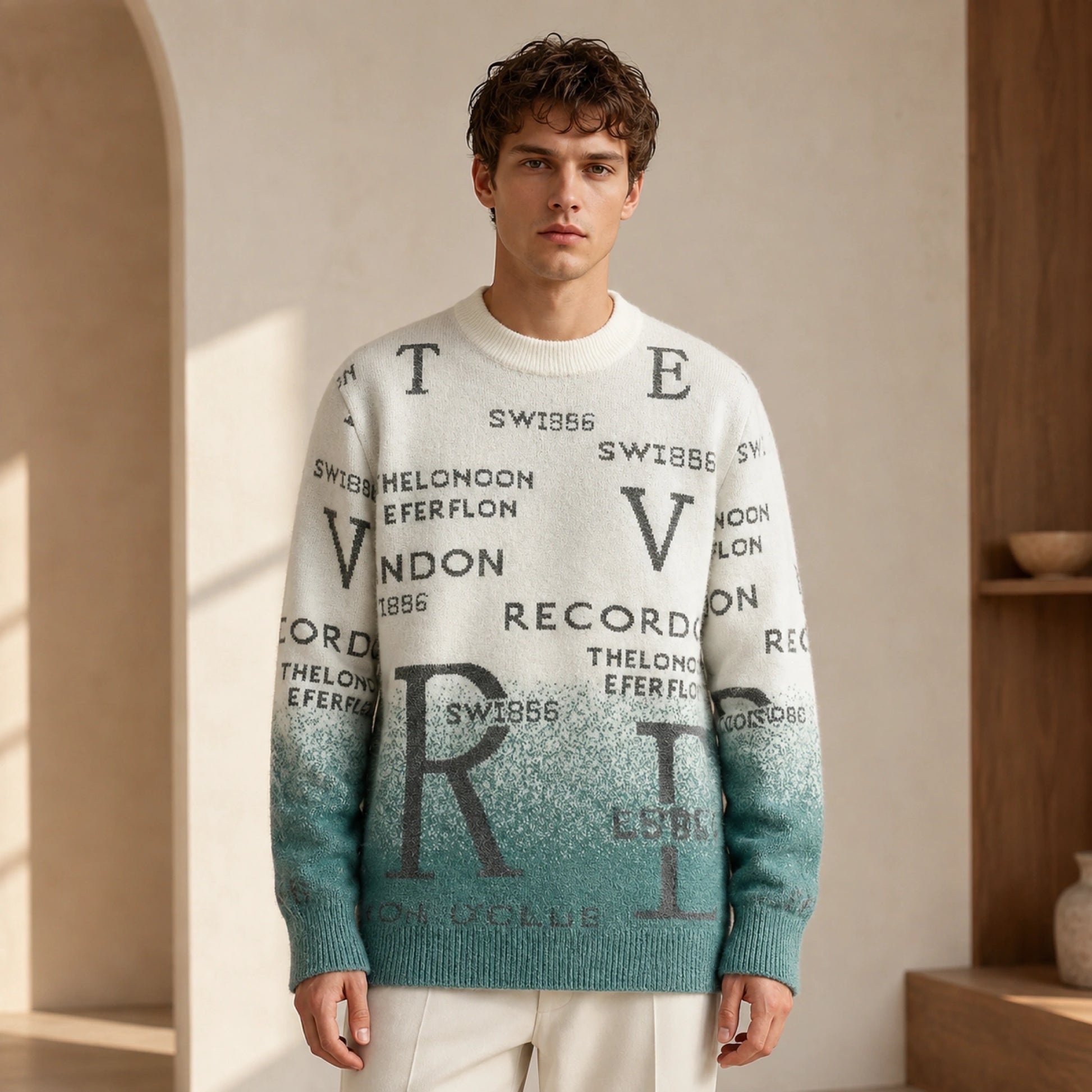 Male model wearing Daniel green gradient graphic letterman sweater, complete front view — view 3