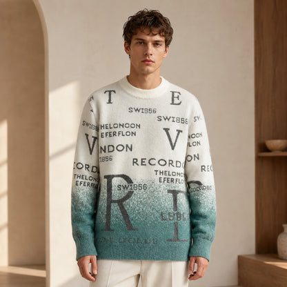 Male model wearing Daniel green gradient graphic letterman sweater, complete front view — view 3