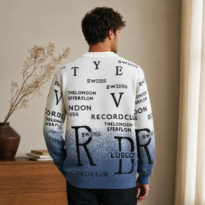 Male model wearing Daniel blue gradient graphic letterman sweater, true rear view — view 4