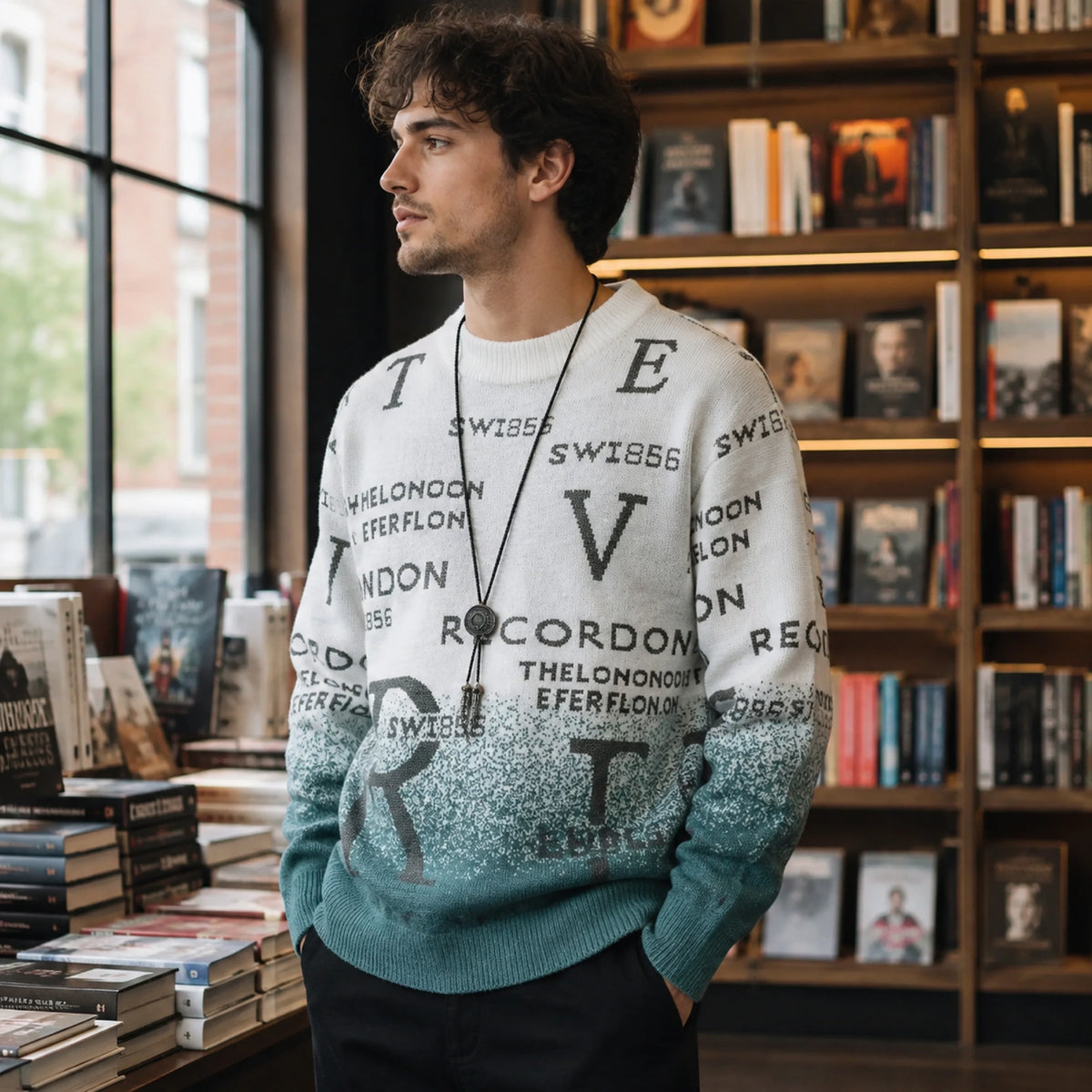 Male model wearing Daniel green gradient graphic letterman sweater, three quarter side view — view 5